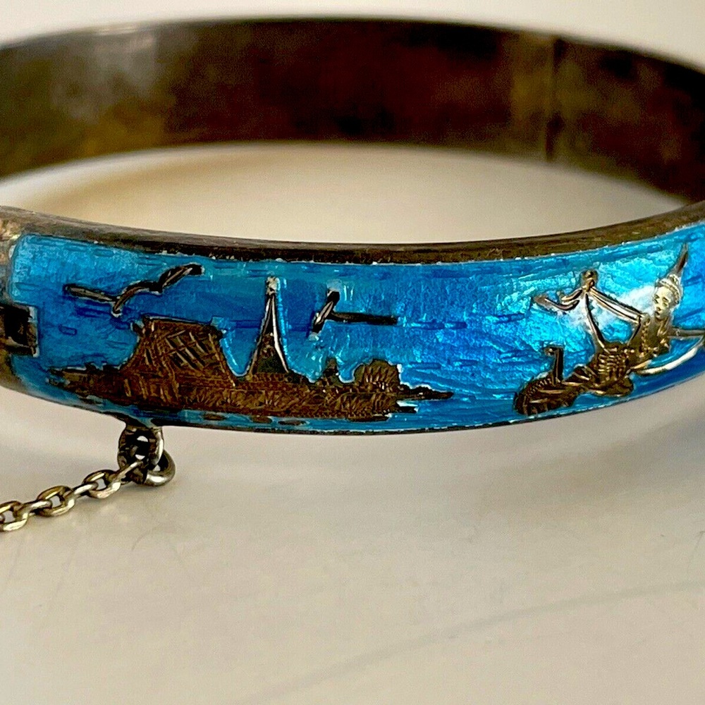 Vintage Siam Sterling Blue Niello City Bangle Bracelet